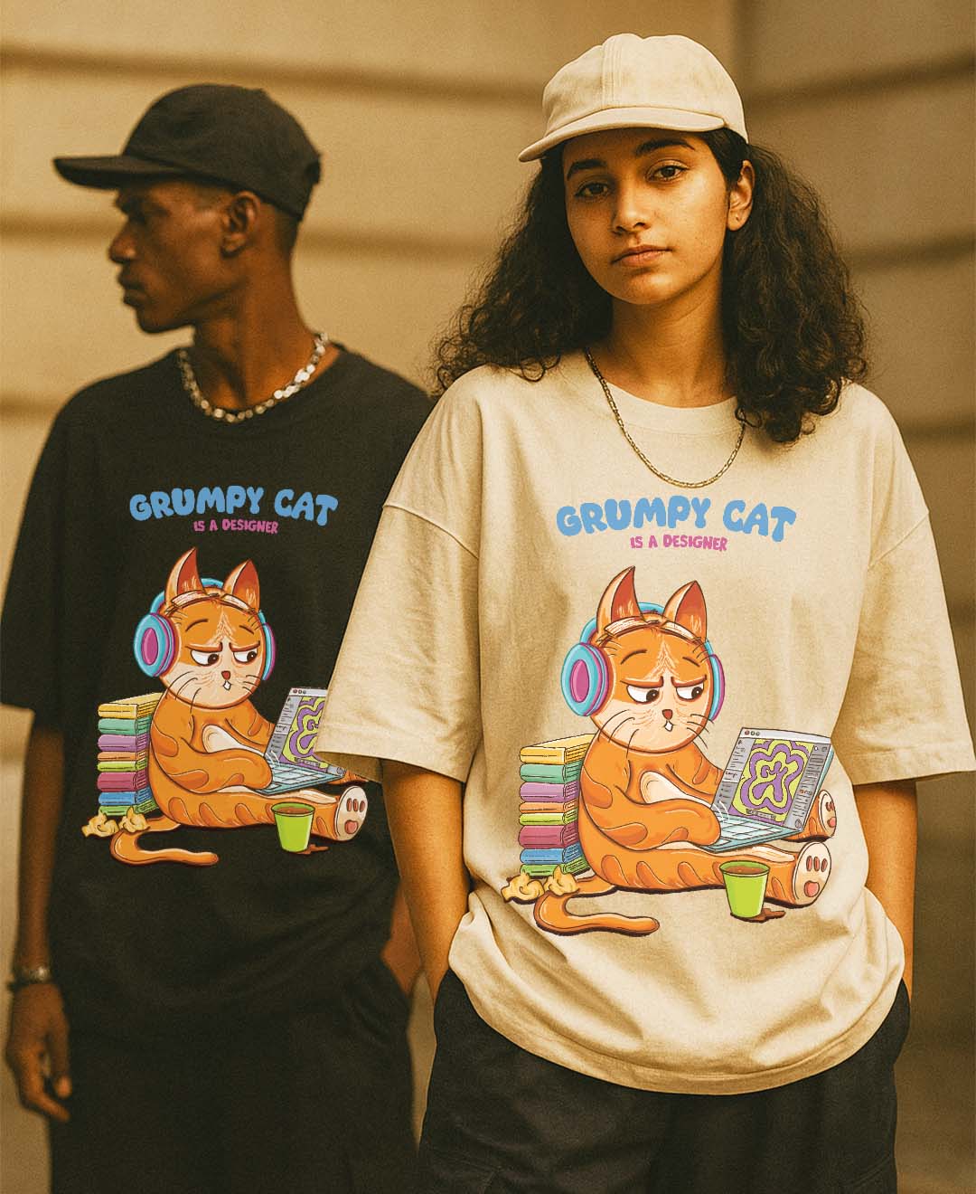 Two people wearing t-shirts with a grumpy cat design.