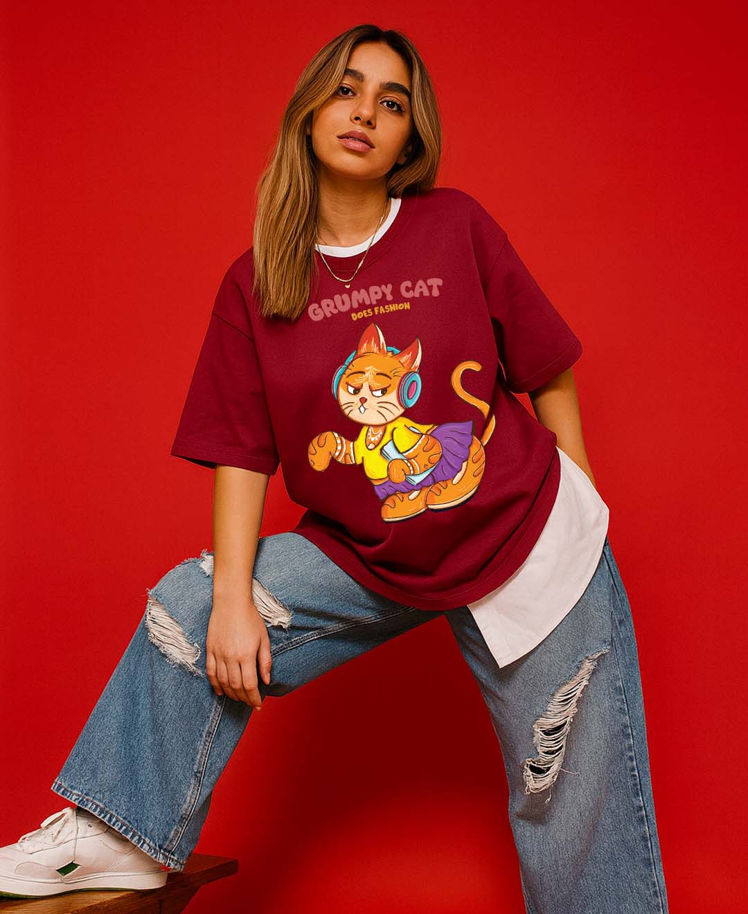 Person wearing a red 'Grumpy Cat' t-shirt against a red background
