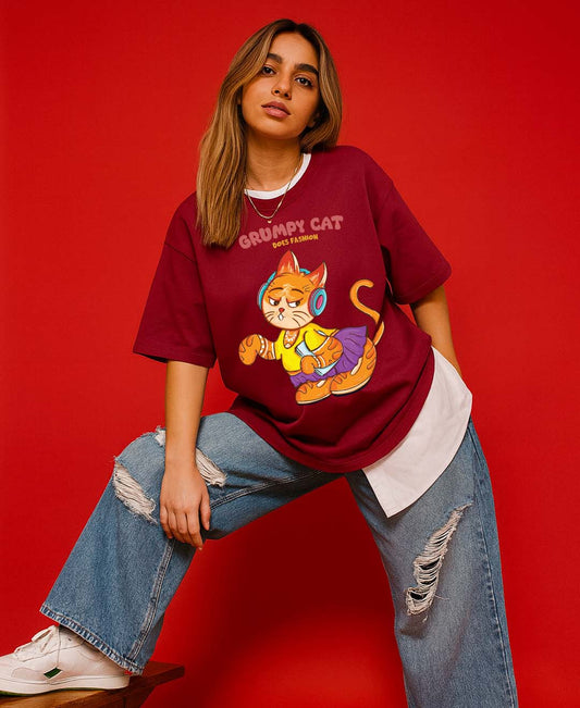 Person wearing a red 'Grumpy Cat' t-shirt against a red background